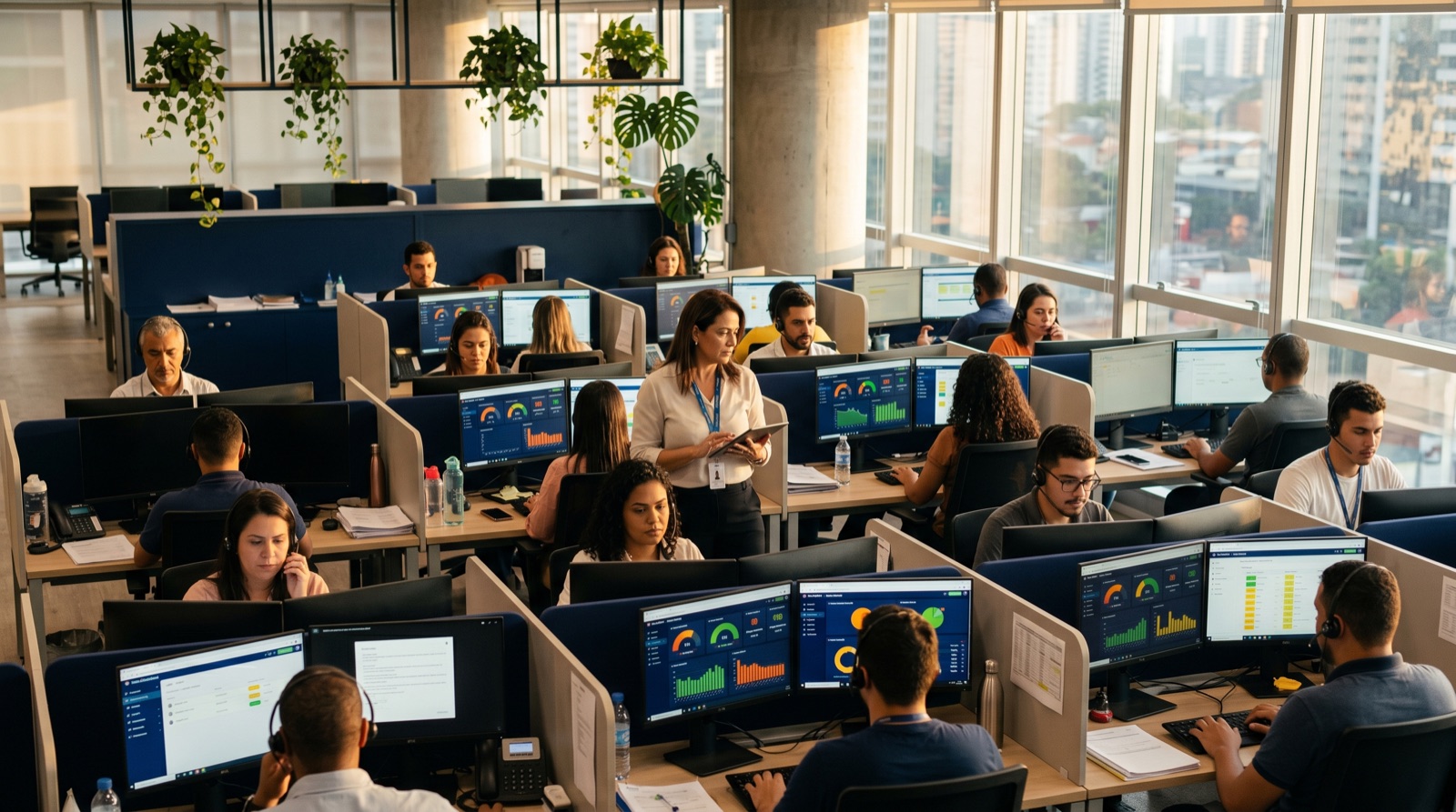 Floor de operaciones call center LATAM con agentes diversos en headset y dashboards en vivo