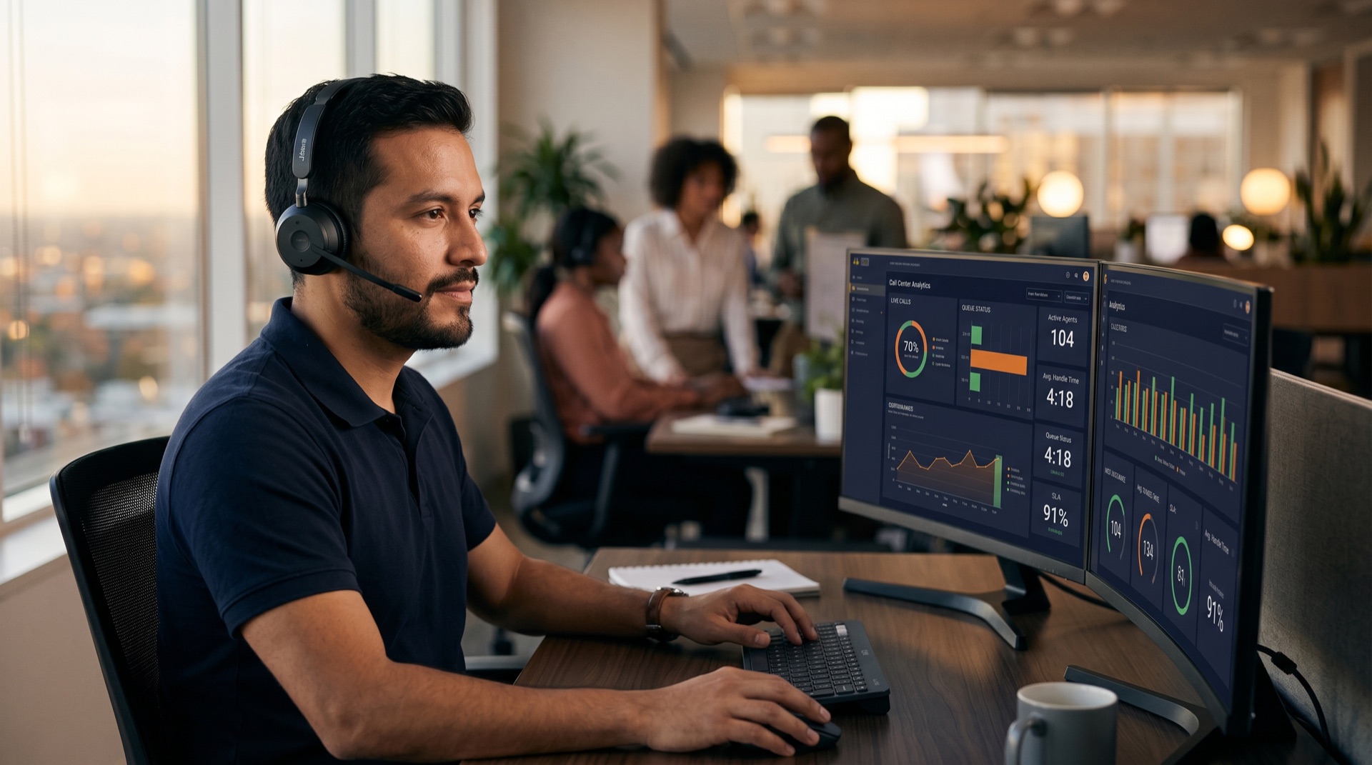 Operations engineer monitoreando call center con headset y dashboards Vicidial en pantalla