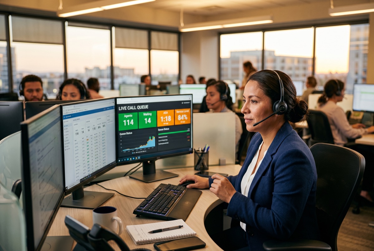 Supervisora de call center monitoreando colas en vivo y métricas de agentes